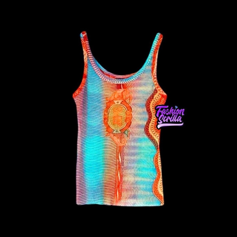 Jean Paul Gaultier Vintage Blue Orange Currency Money Runway Sleeveless Top - Picture 1 of 12